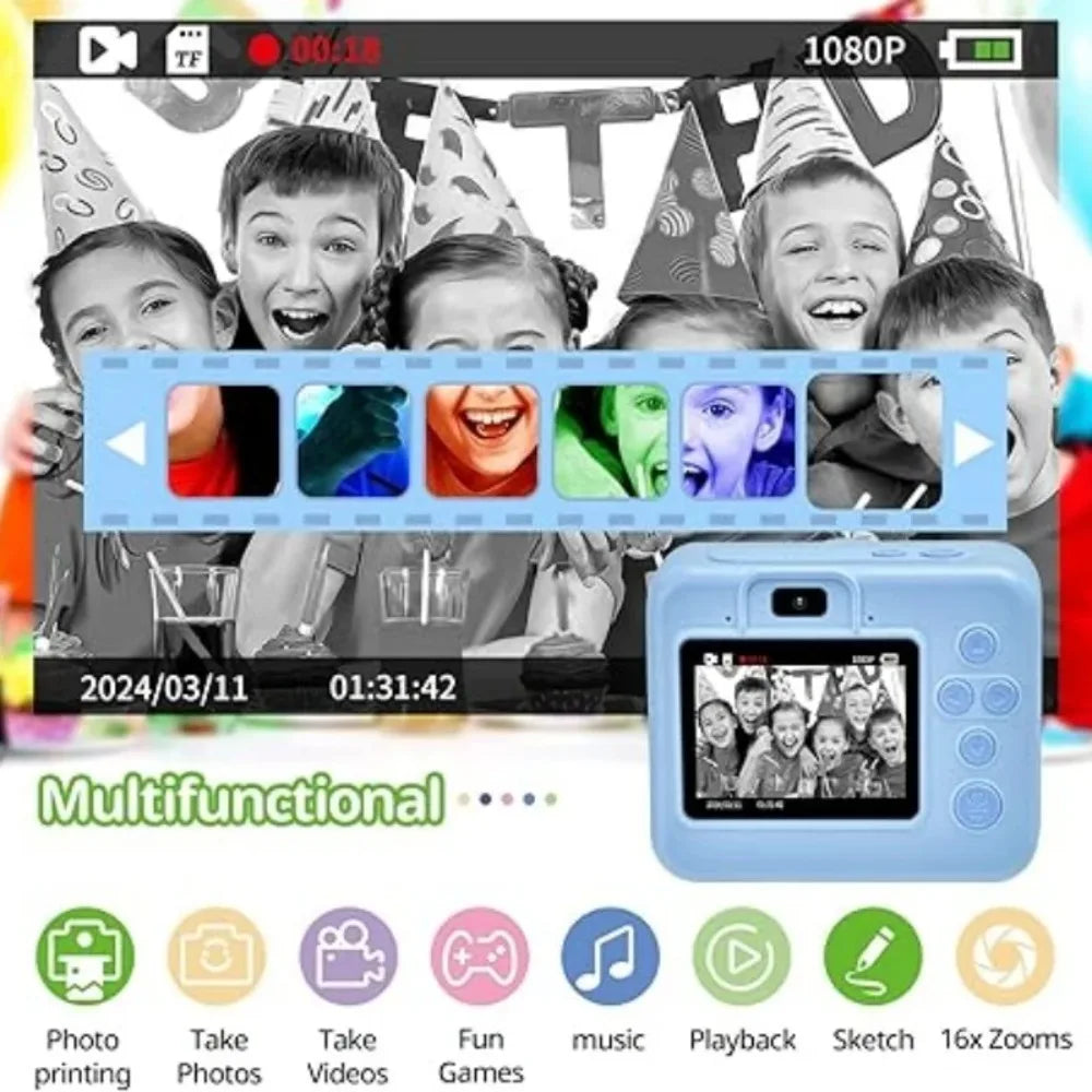Children's Instant Printing Camera and Video Photography Toy for Boys and Girls, Mini Digital Camera with Printer