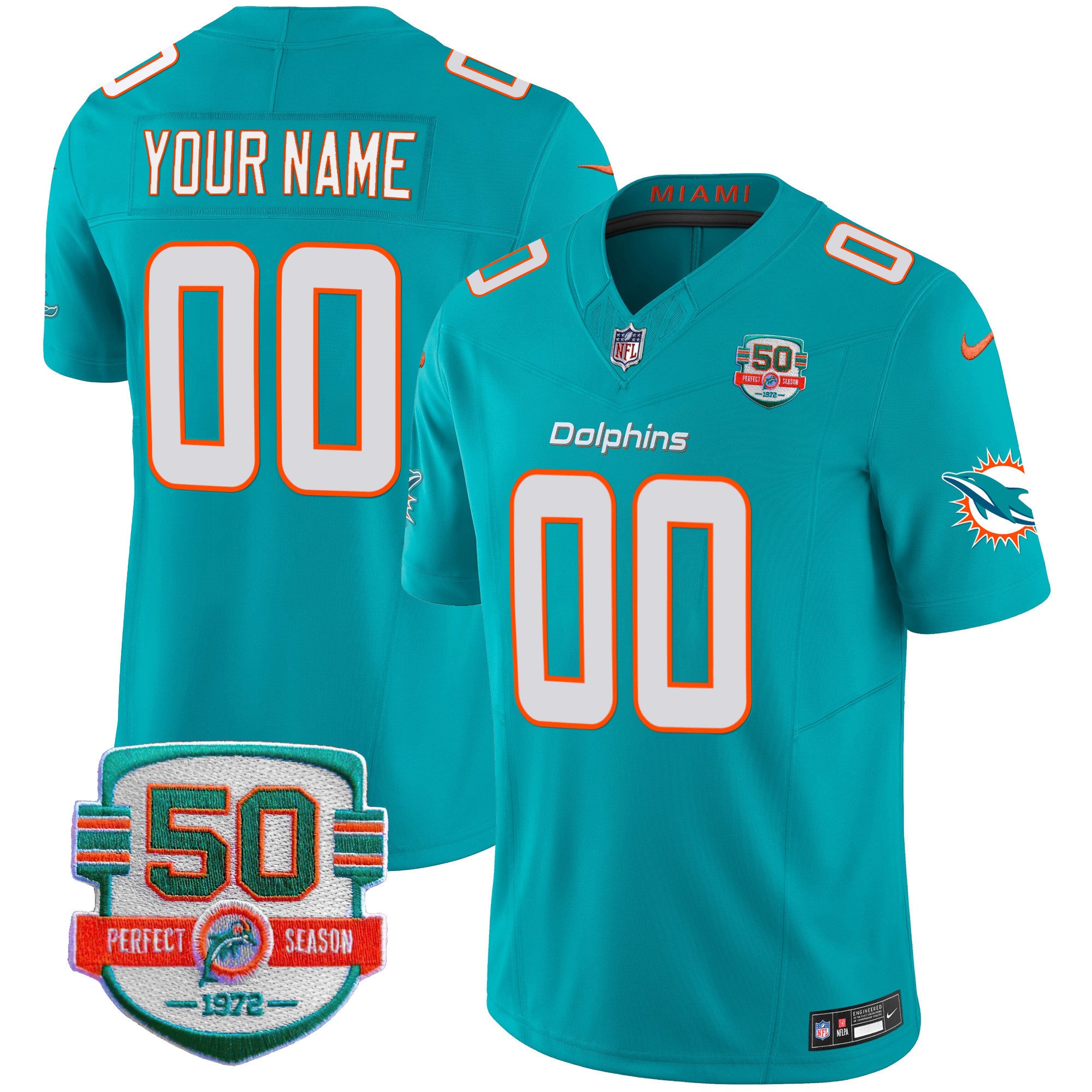 Dolphins 50th 1972 Perfect Season Patch Vapor Custom Jersey - All Stitched