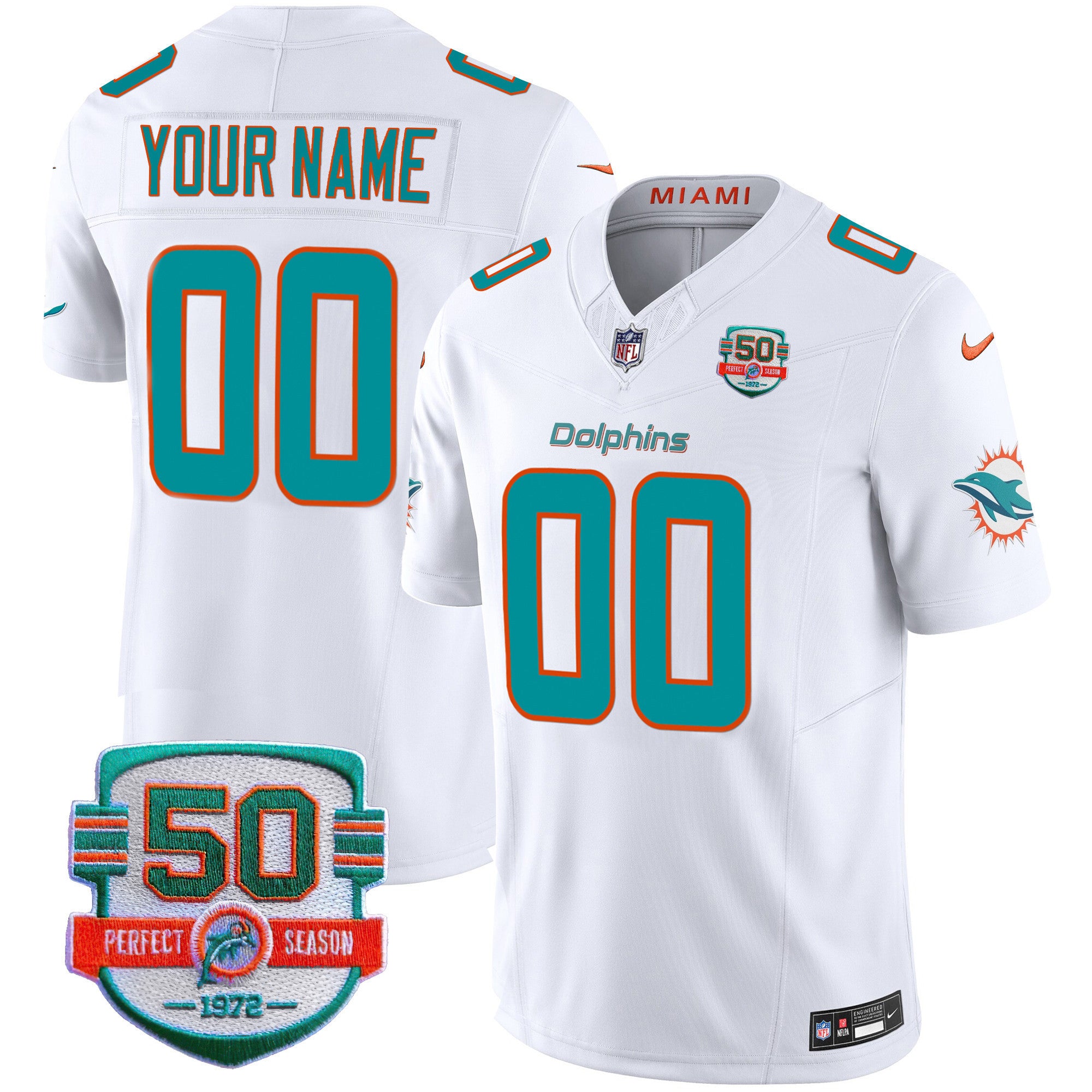 Dolphins 50th 1972 Perfect Season Patch Vapor Custom Jersey - All Stitched