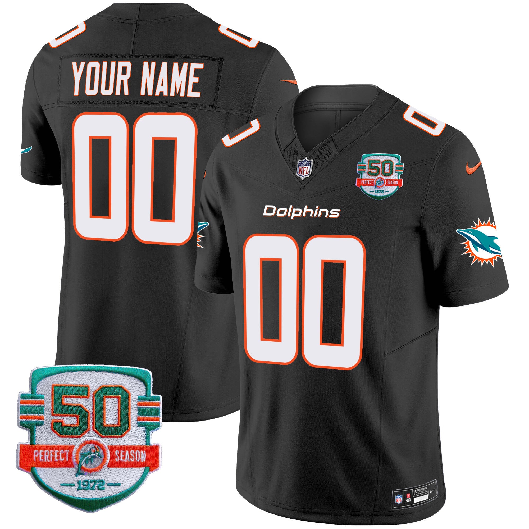 Dolphins 50th 1972 Perfect Season Patch Vapor Custom Jersey - All Stitched
