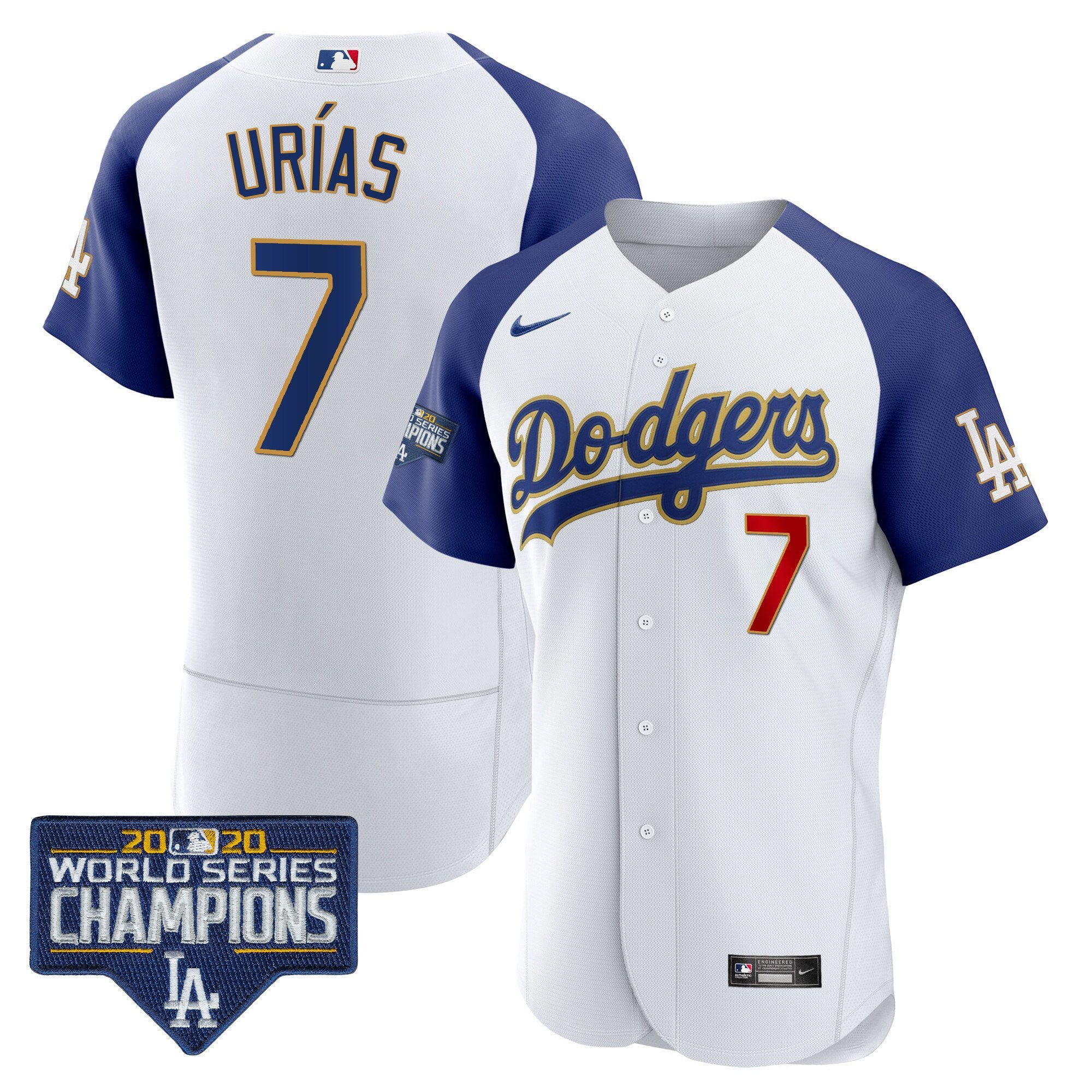 Men's Dodgers World Series Champions Patch Flex Base Gold Trim Jersey - All Stitched