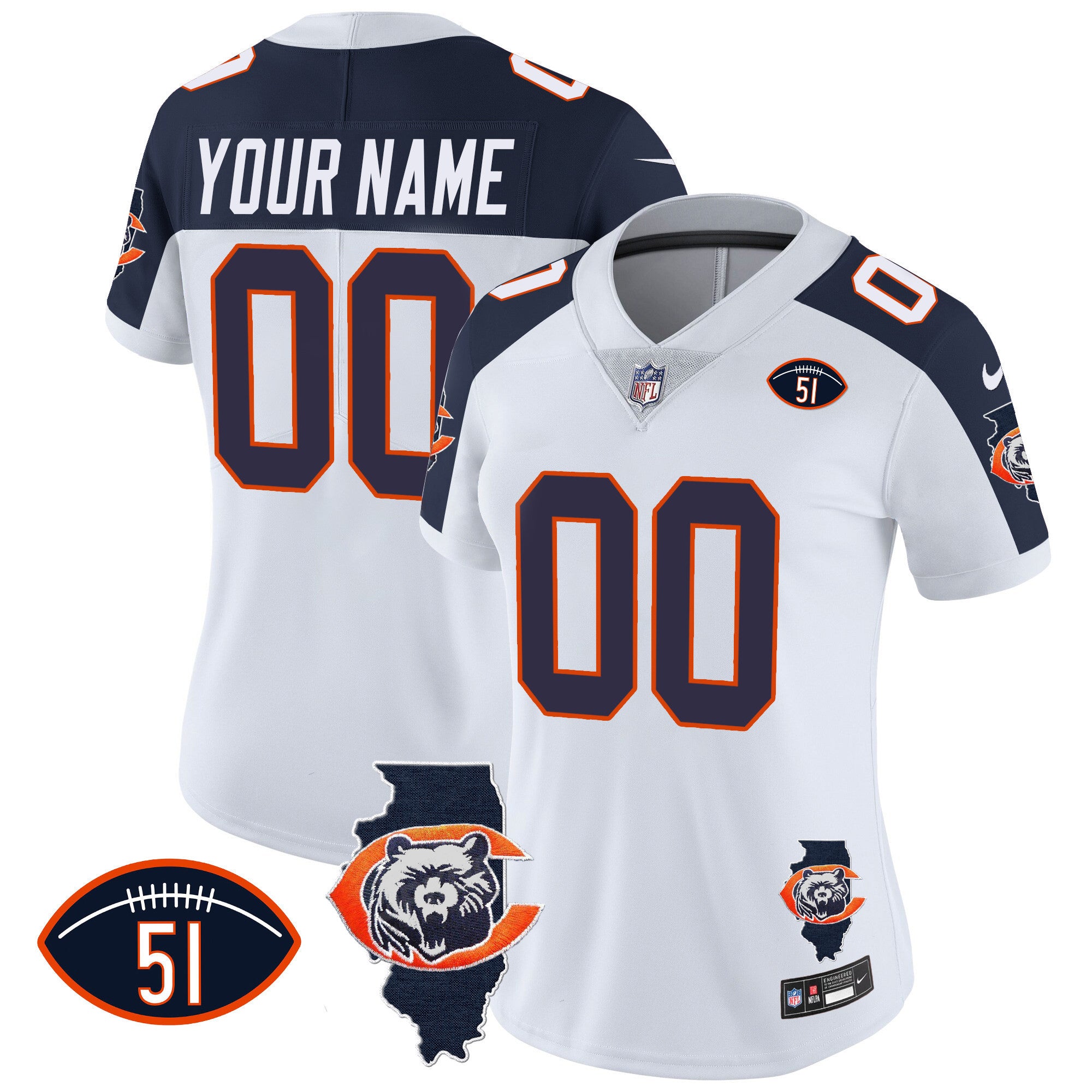 Bears Throwback Illinois Patch Vapor Custom Jersey - All Stitched