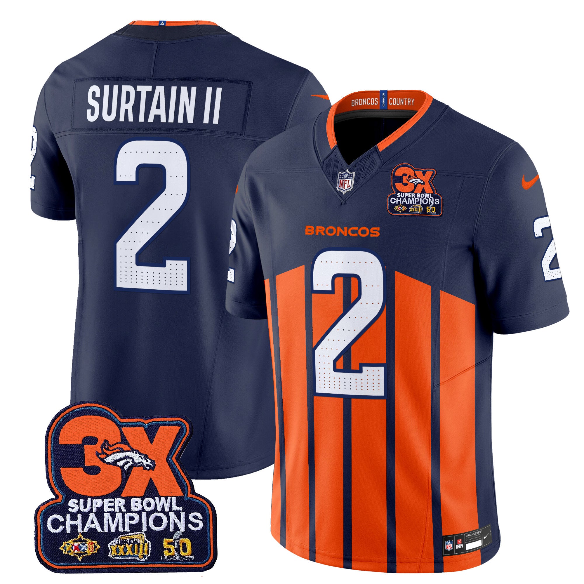 Men's Denver Broncos 3-Time Champions Patch Vapor Limited Jersey V2 - All Stitched