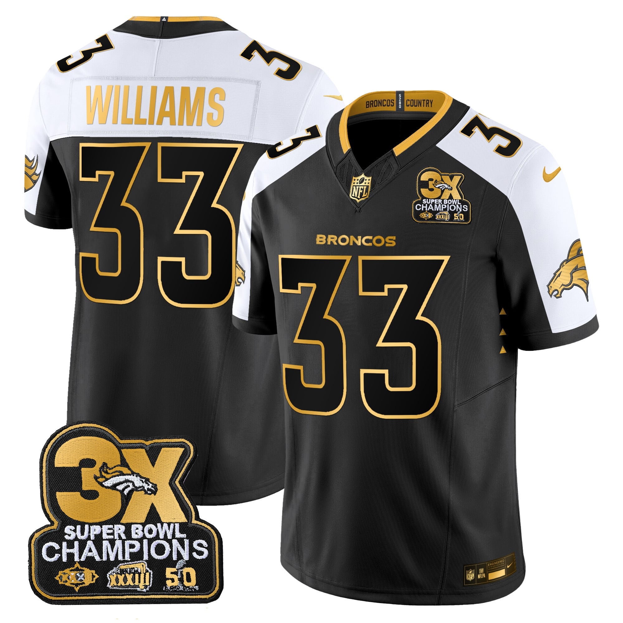 Men's Denver Broncos 3-Time Champions Patch Gold Vapor Limited Jersey - All Stitched