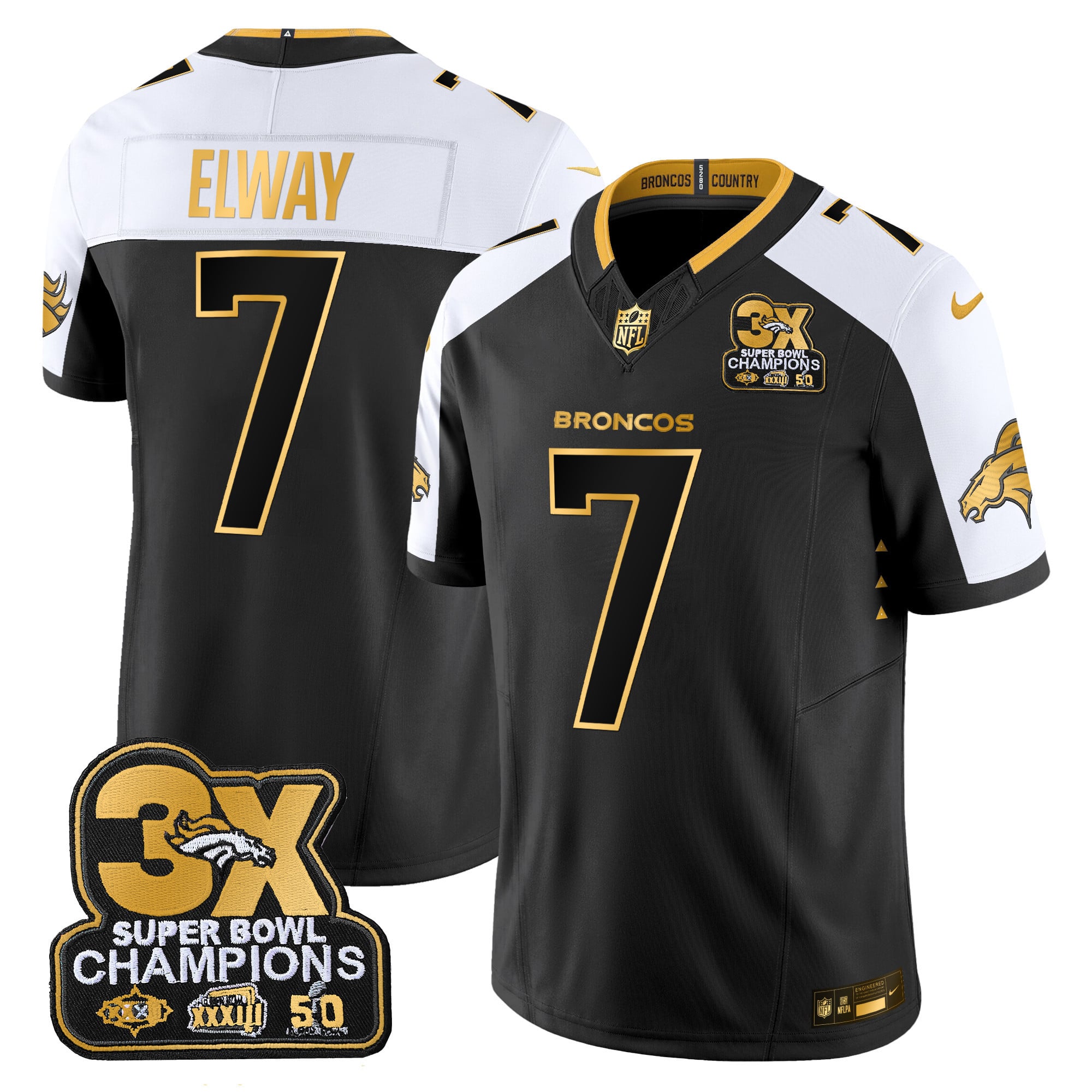 Men's Denver Broncos 3-Time Champions Patch Gold Vapor Limited Jersey - All Stitched