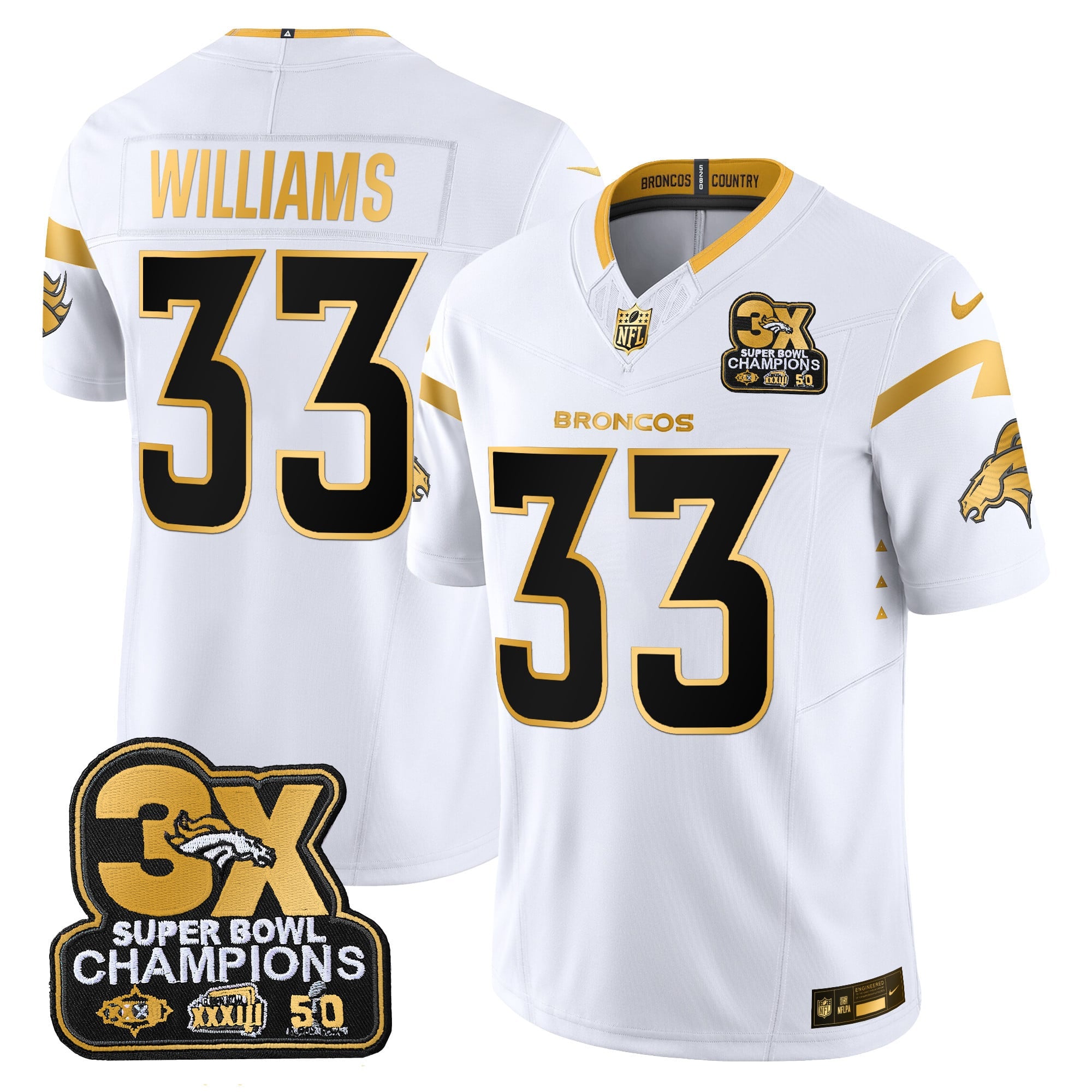 Men's Denver Broncos 3-Time Champions Patch Gold Vapor Limited Jersey - All Stitched