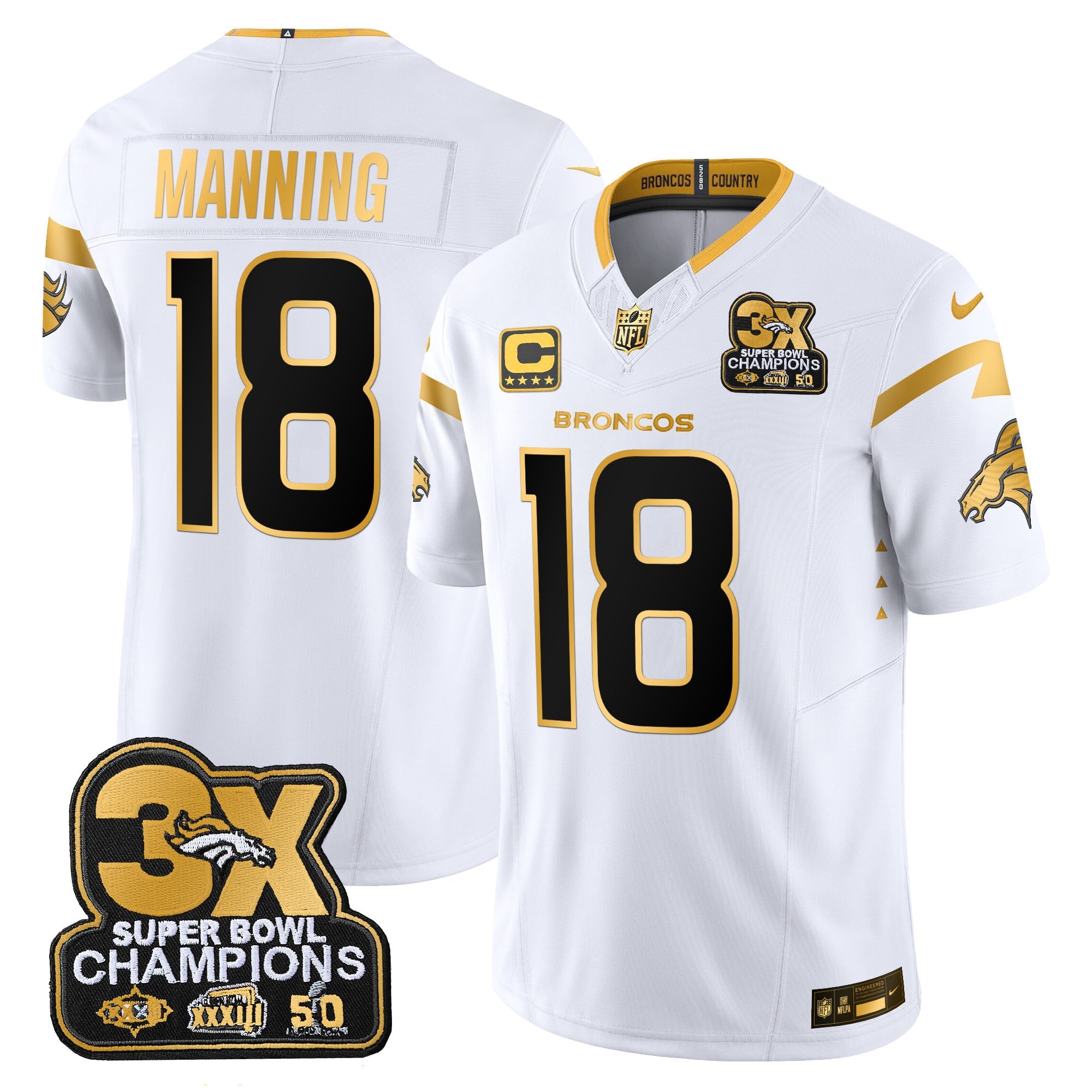 Men's Denver Broncos 3-Time Champions Patch Gold Vapor Limited Jersey - All Stitched