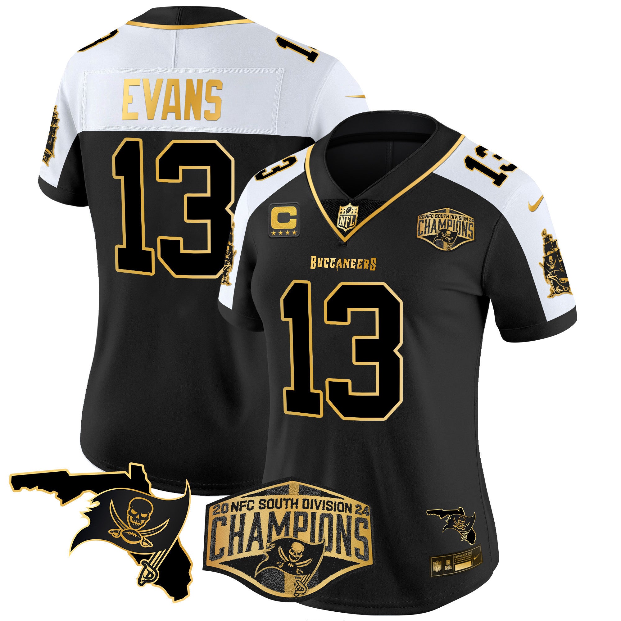 Women's Buccaneers 2024 NFC South Division Champions Patch Gold Vapor Limited Jersey - All Stitched