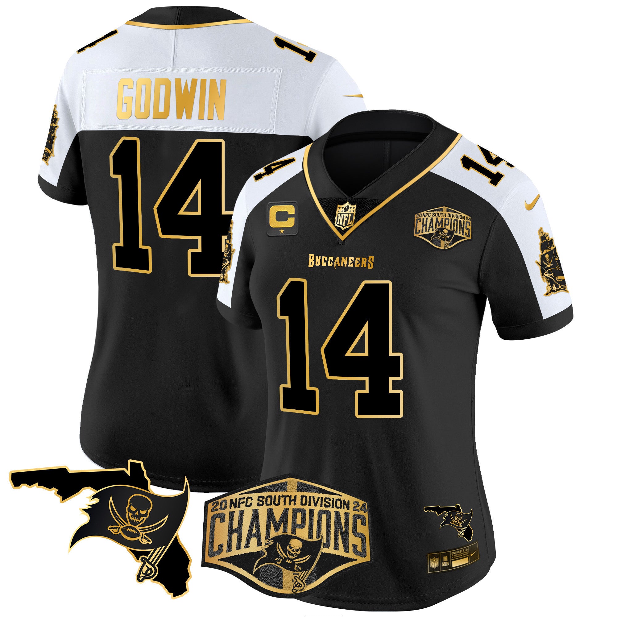 Women's Buccaneers 2024 NFC South Division Champions Patch Gold Vapor Limited Jersey - All Stitched