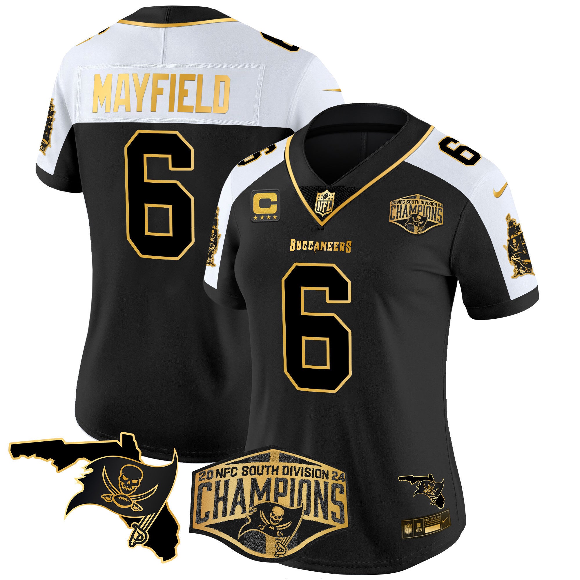 Women's Buccaneers 2024 NFC South Division Champions Patch Gold Vapor Limited Jersey - All Stitched