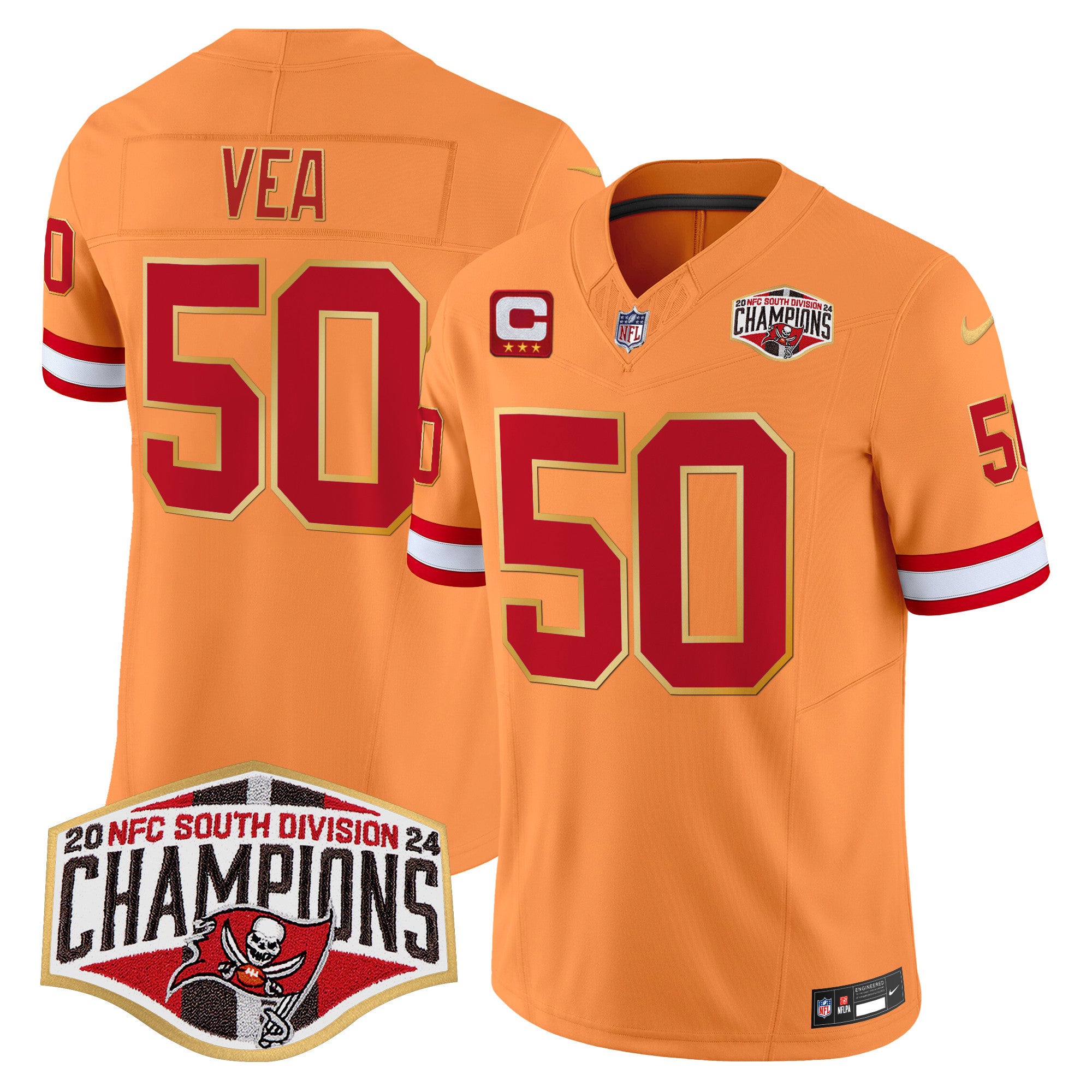 Men's Buccaneers Creamsicle 2024 NFC South Division Champions Patch Gold Trim Vapor Limited Jersey - All Stitched