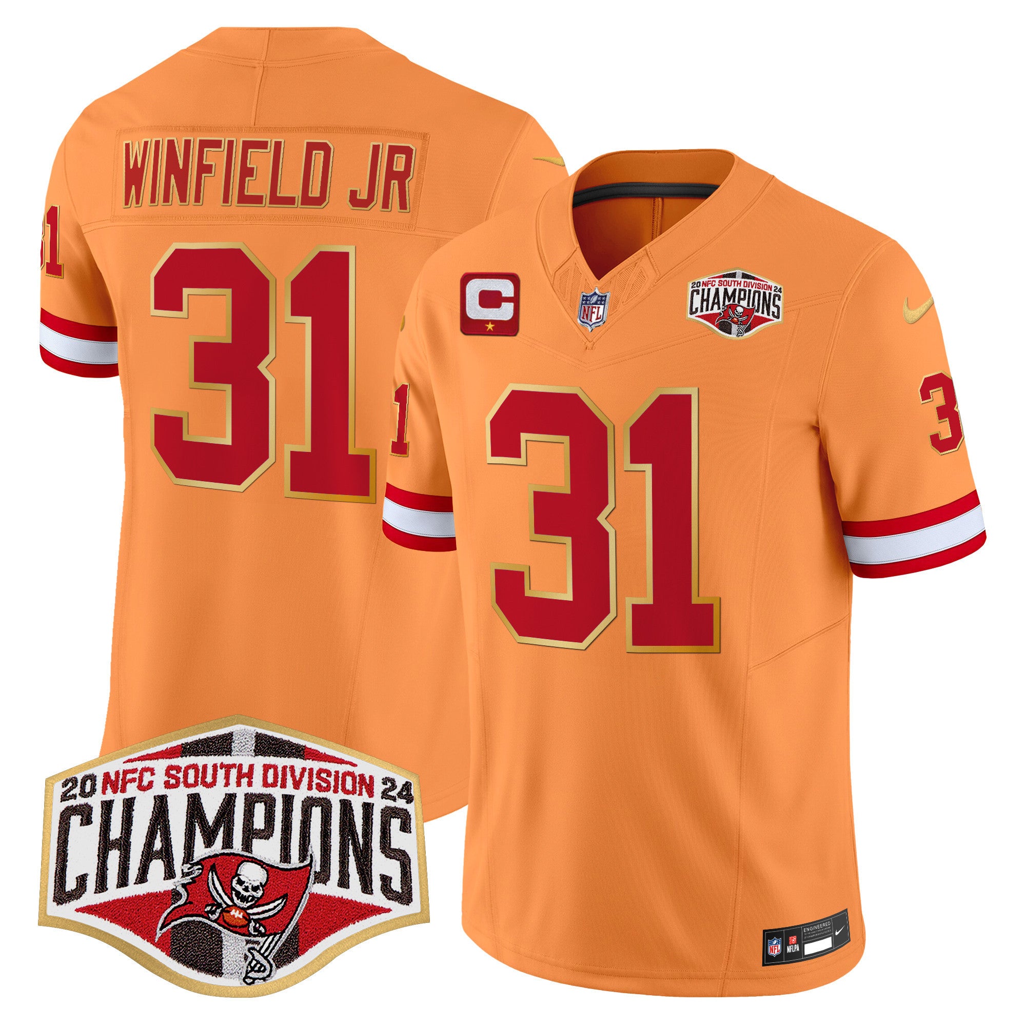 Men's Buccaneers Creamsicle 2024 NFC South Division Champions Patch Gold Trim Vapor Limited Jersey - All Stitched