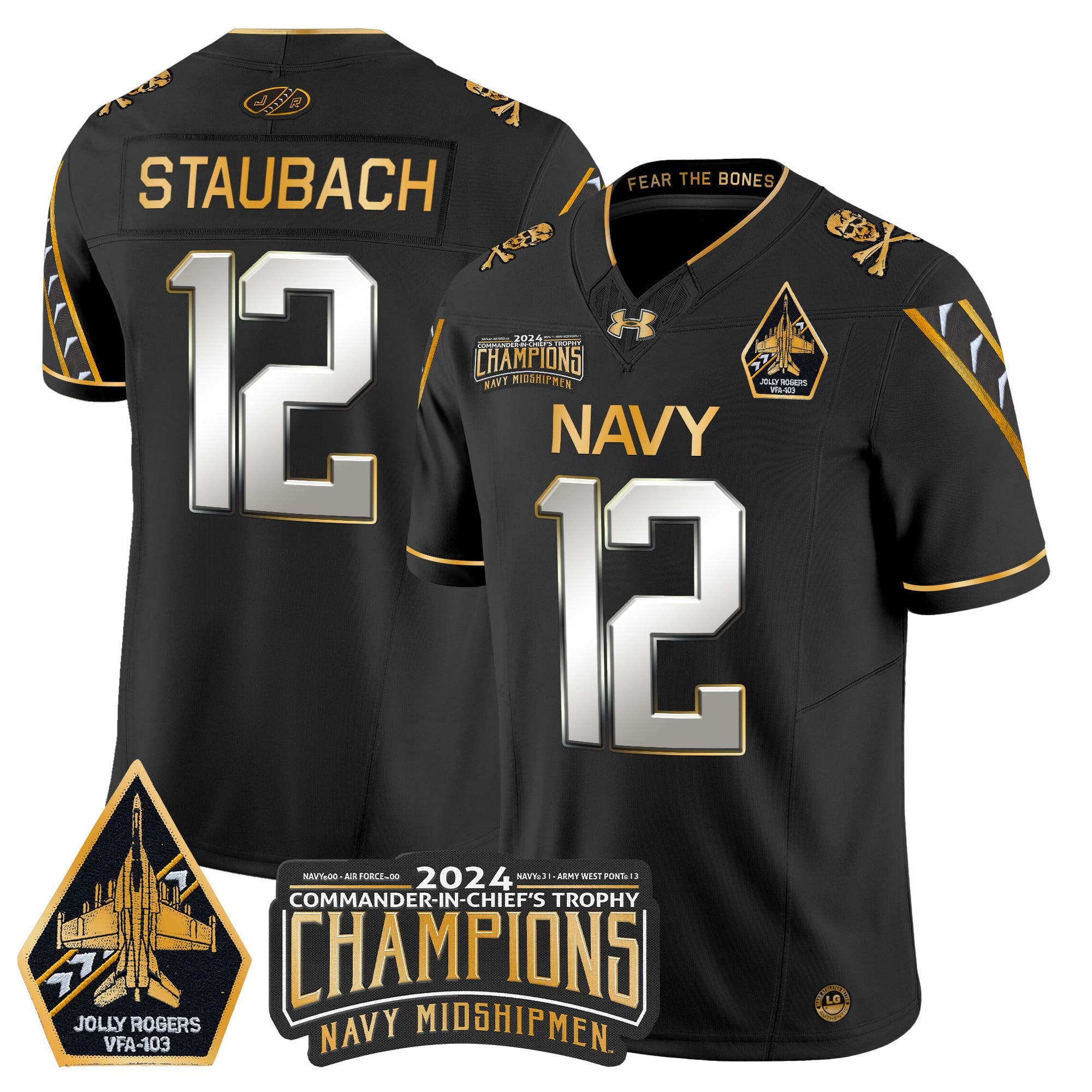 Men's Navy Midshipmen 2024 Commander-In-Chief's Trophy Champions Patch Gold Vapor Limited Jersey - All Stitched