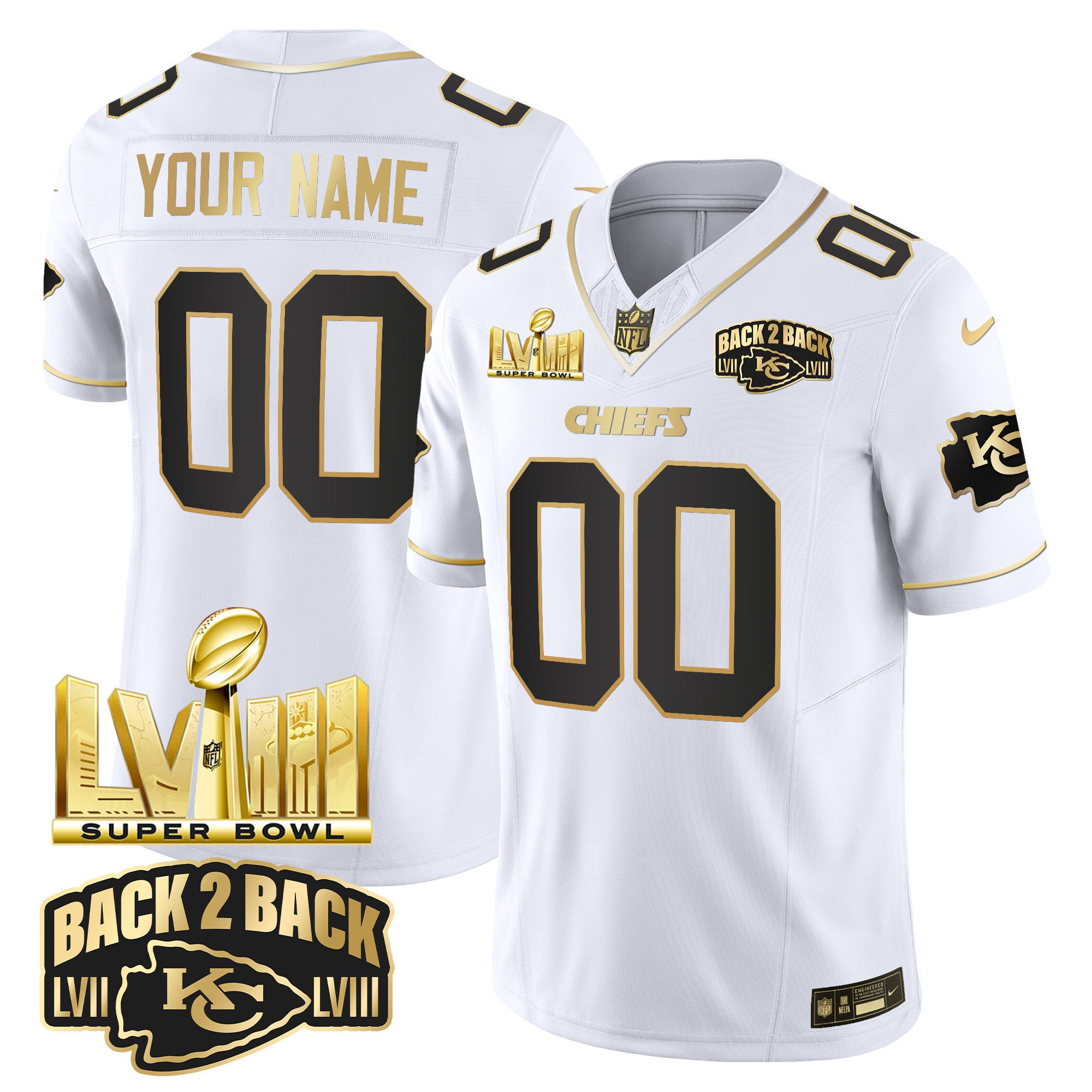 Chiefs Super Bowl LVIII & Back 2 Back Gold Patch Vapor Custom Jersey V2 - All Stitched