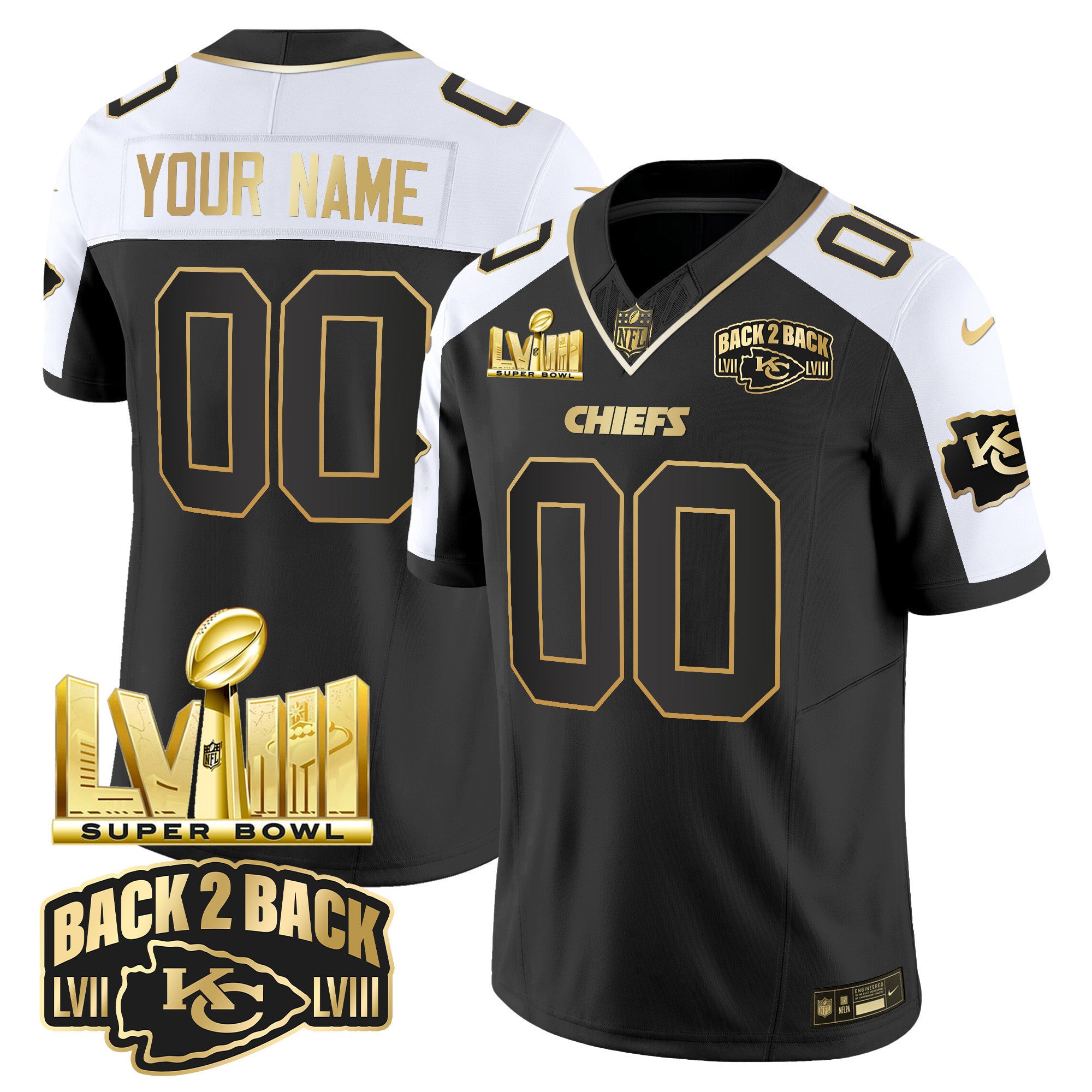 Chiefs Super Bowl LVIII & Back 2 Back Gold Patch Vapor Custom Jersey V2 - All Stitched