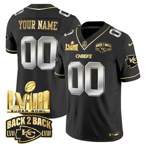 Chiefs Super Bowl LVIII & Back 2 Back Gold Patch Vapor Custom Jersey V2 - All Stitched