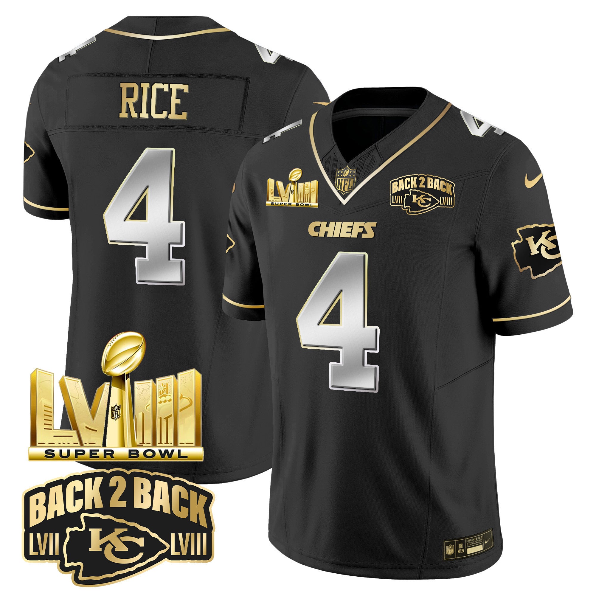 Men's Chiefs Super Bowl LVIII & Back 2 Back Gold Patch Vapor Jersey V2 - All Stitched