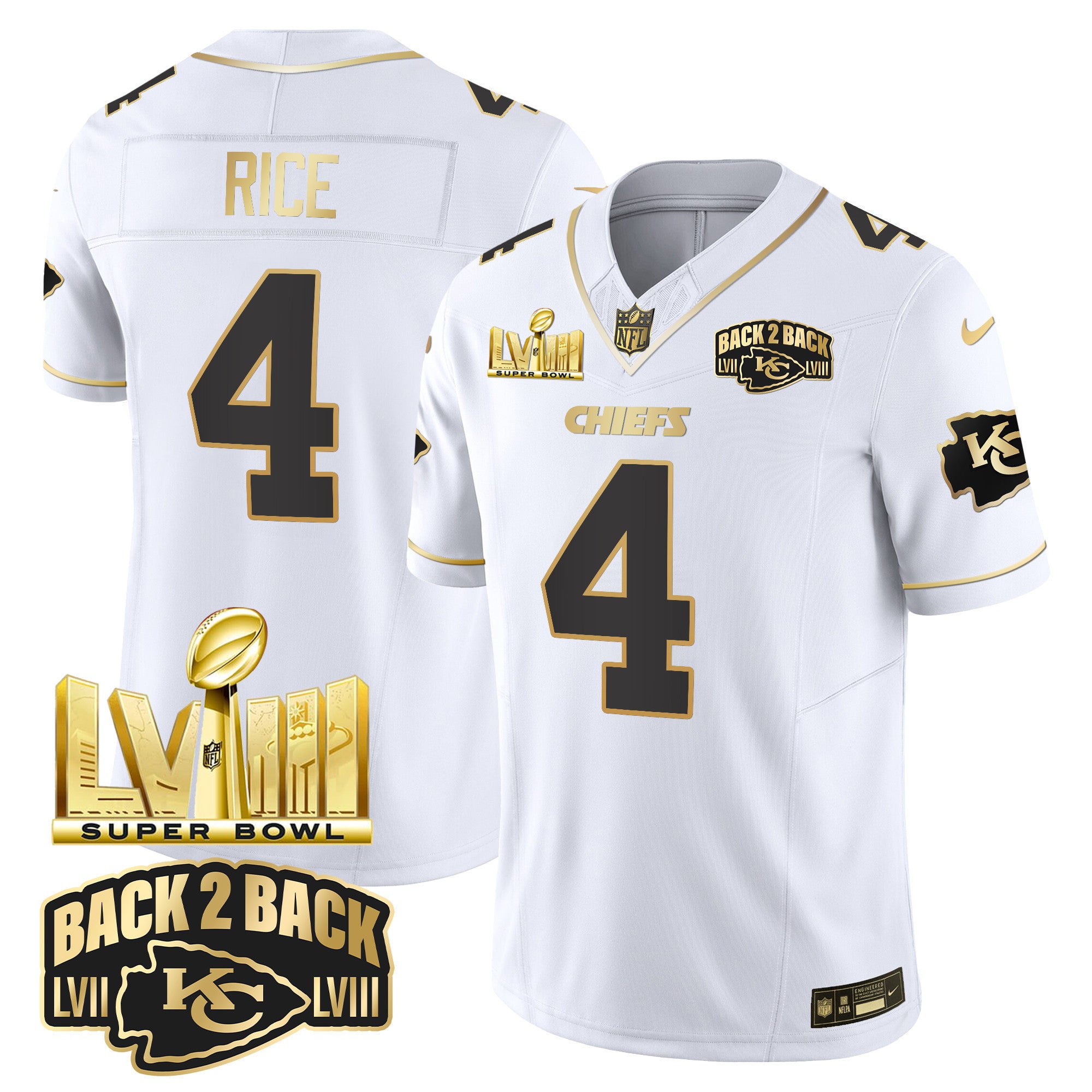Men's Chiefs Super Bowl LVIII & Back 2 Back Gold Patch Vapor Jersey V2 - All Stitched