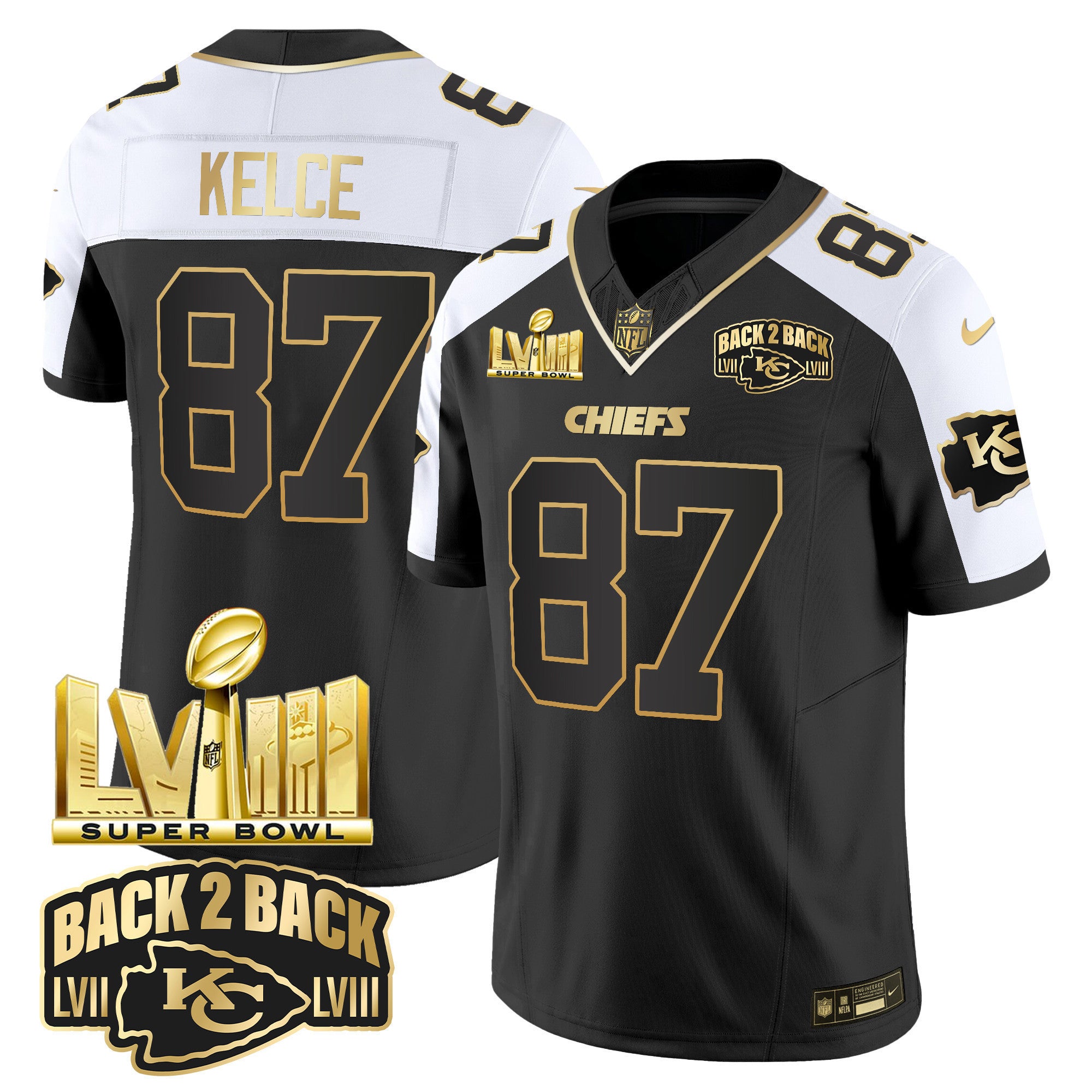 Men's Chiefs Super Bowl LVIII & Back 2 Back Gold Patch Vapor Jersey V2 - All Stitched