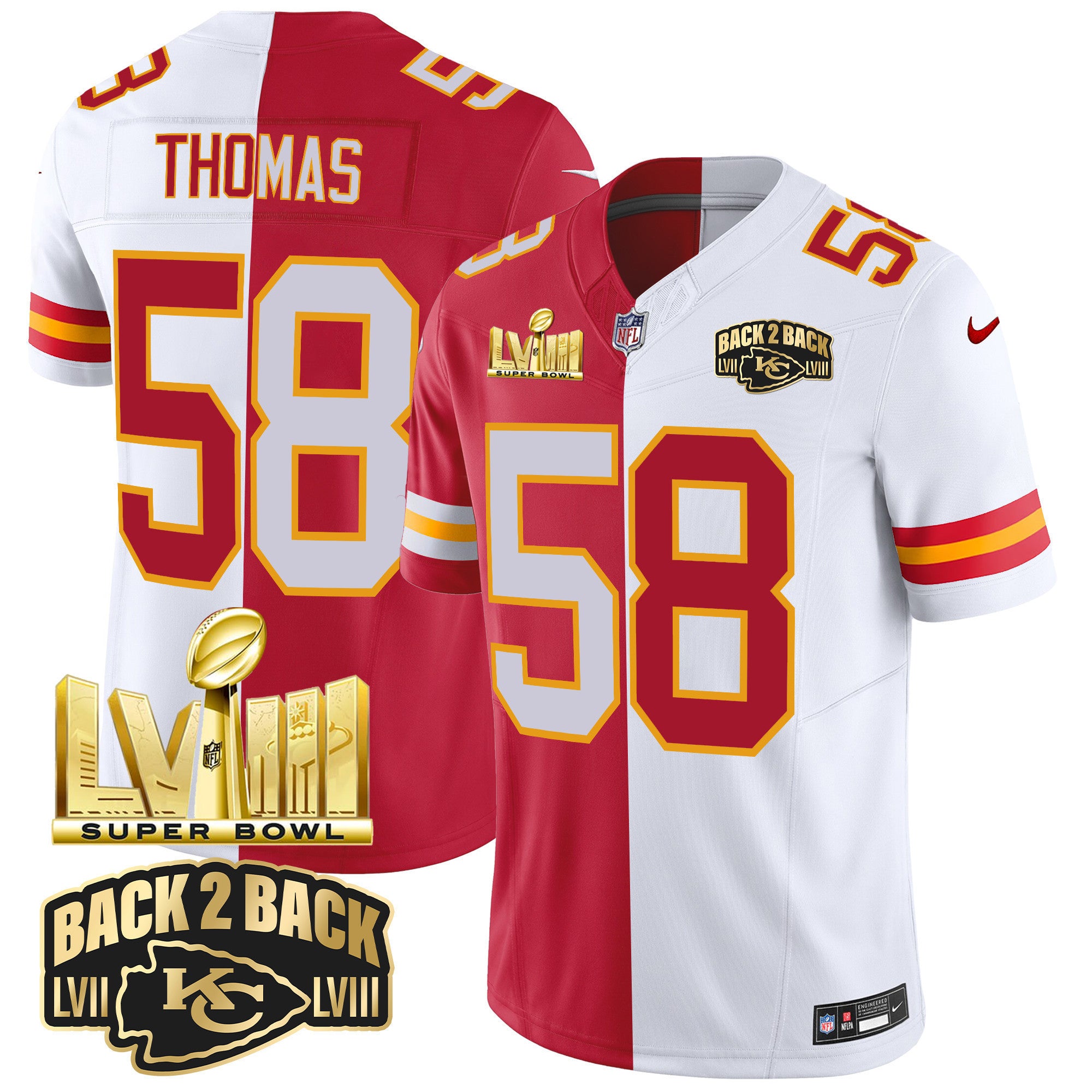 Men's Chiefs Super Bowl LVIII & Back 2 Back Gold Patch Vapor Jersey V2 - All Stitched