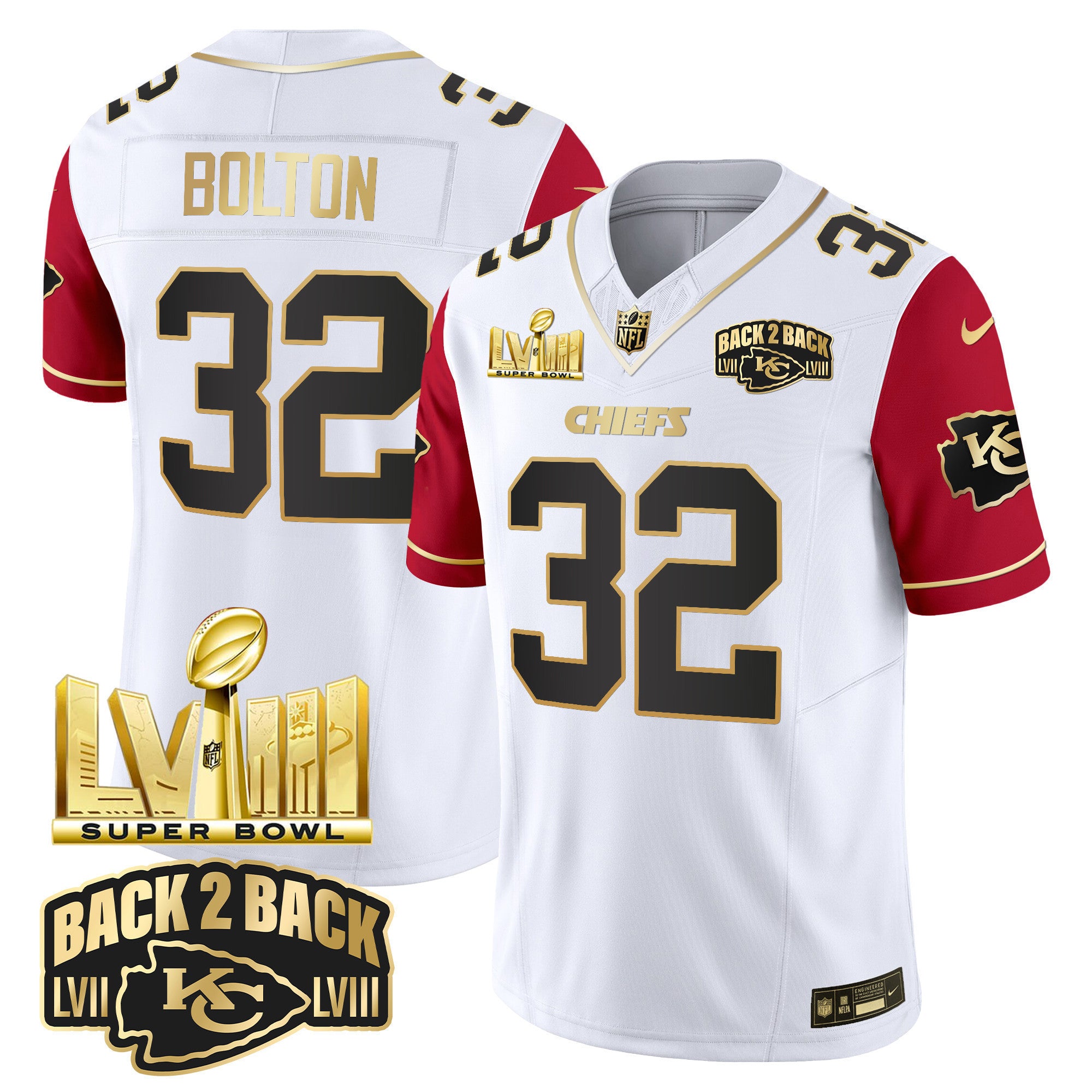 Men's Chiefs Super Bowl LVIII & Back 2 Back Gold Patch Vapor Jersey V2 - All Stitched