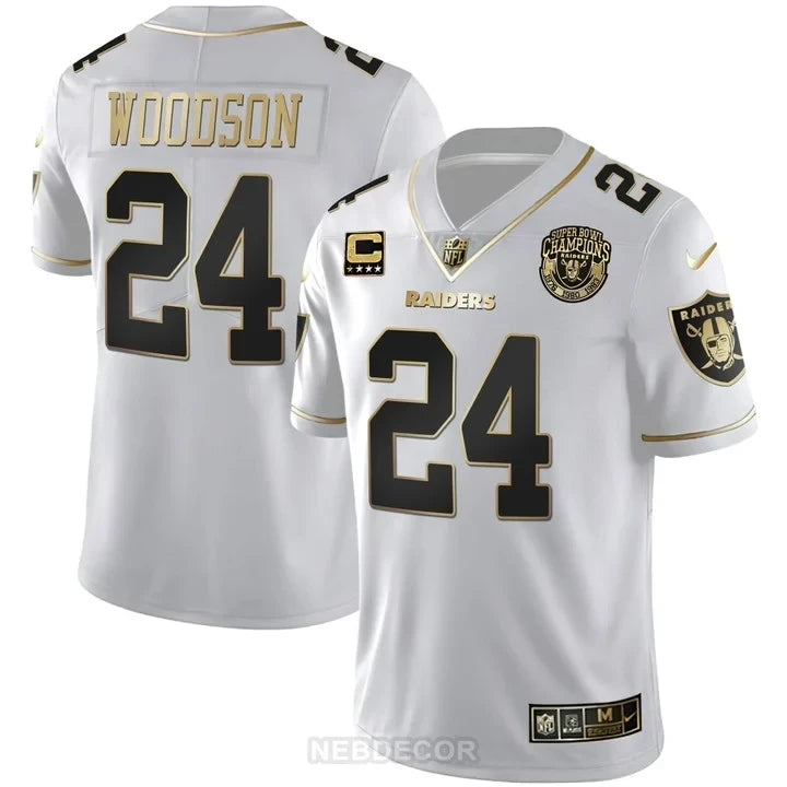 MEN'S RAIDERS SUPER BOWL CHAMPIONS PATCH WHITE GOLD AND BLACK GOLD JERSEY - ALL STITCHED