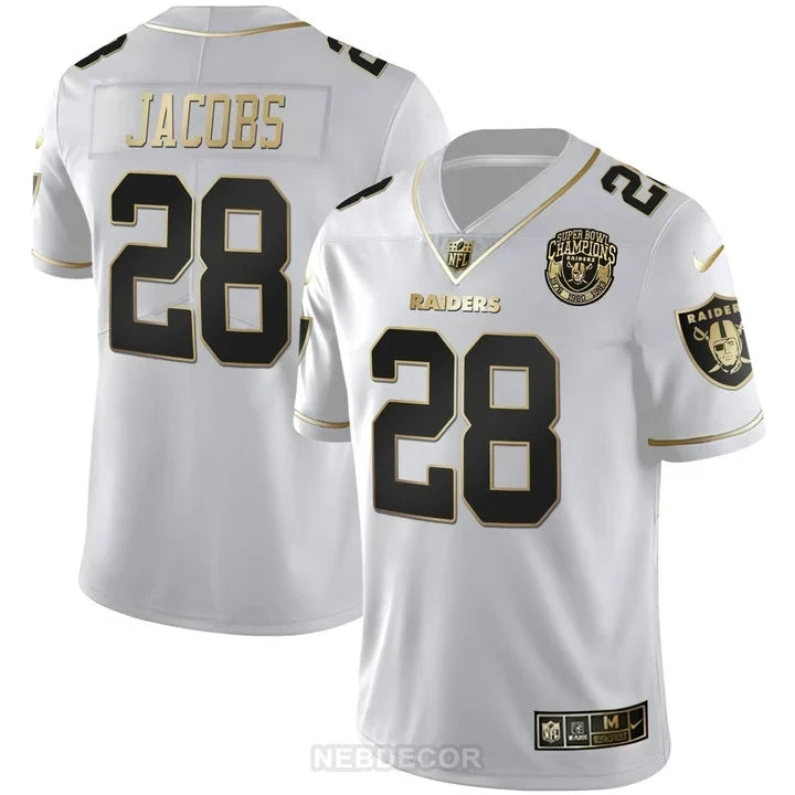 MEN'S RAIDERS SUPER BOWL CHAMPIONS PATCH WHITE GOLD AND BLACK GOLD JERSEY - ALL STITCHED